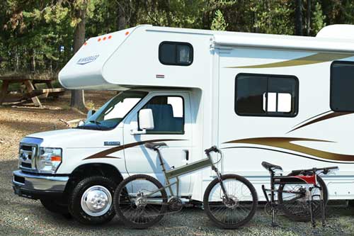 A Montague folding bike with a RV camper 