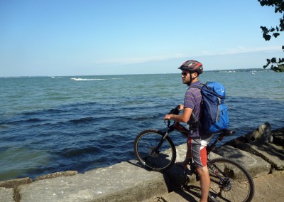 Montague X70 folding bike in front of lake michigan